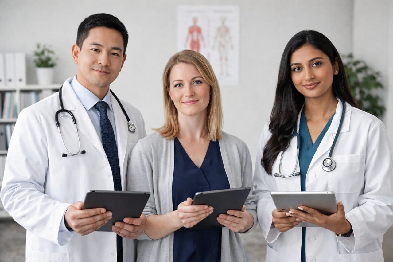 Senior scientist with tablet reviewing patient data