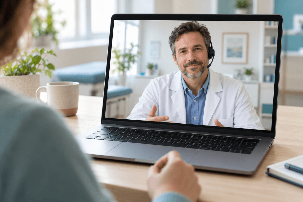 A male medical doctor wearing a headset speaks with a patient through a laptop video call.