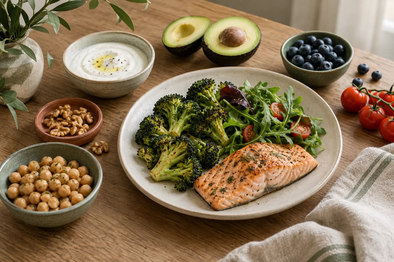A plate of salmon, broccoli and salad with whole-food ingredients alongside.